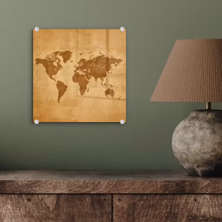Wereldkaart - sepia silhouet plexiglas 5mm klein -sfeer3
