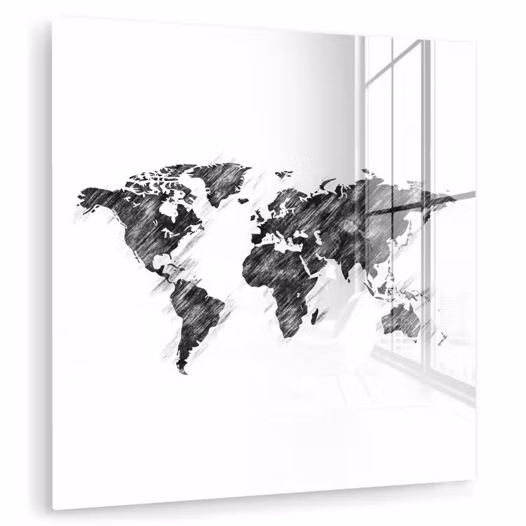 Wereldkaart - Schets - Potlood - Zwart plexiglas 5mm klein -zzzproduct_nieuw