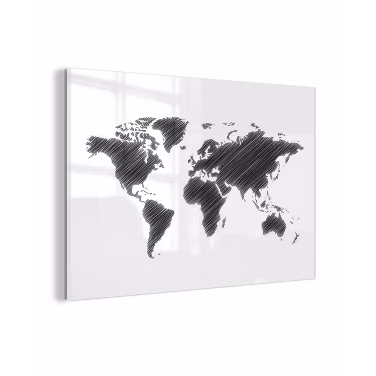 Wereldkaart - Schets - Zwart - Wit plexiglas 5mm klein -zzzproduct_nieuw