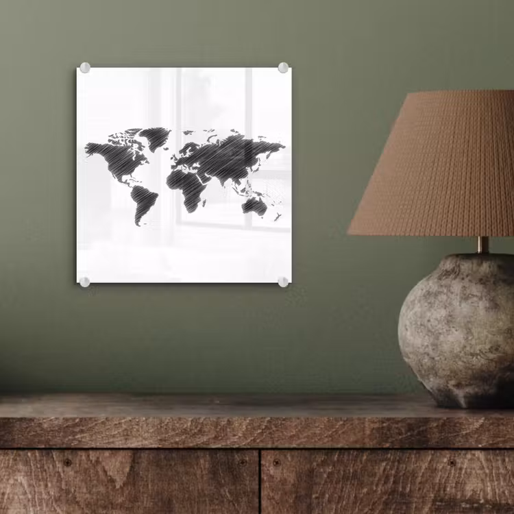 Wereldkaart - Schets - Zwart - Wit plexiglas 5mm klein -sfeer3