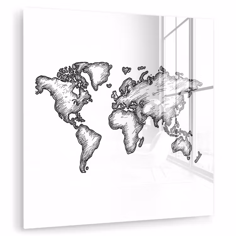 Wereldkaart - Schets - Wit - Zwart plexiglas 5mm klein -zzzproduct_nieuw