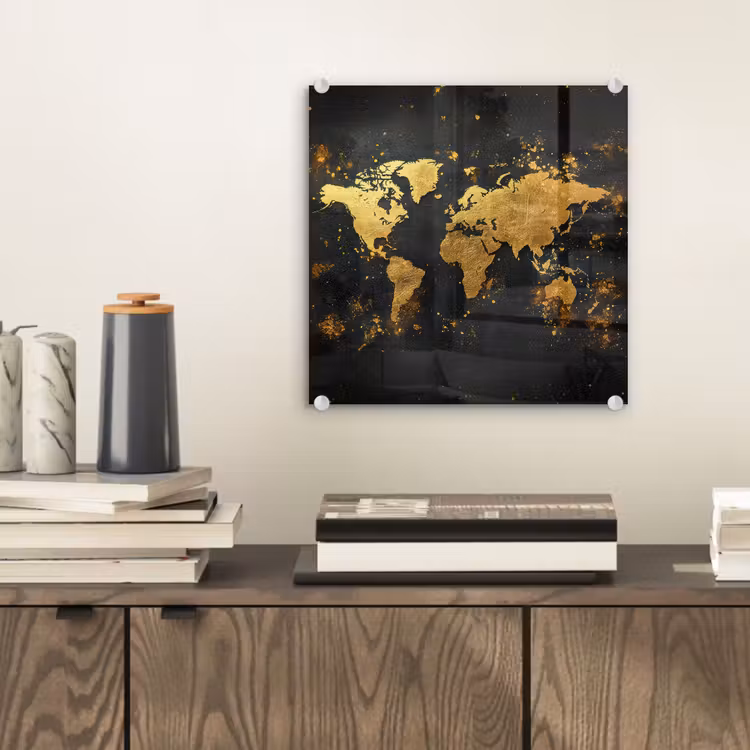 Wereldkaart - Spetters - Zwart - Artistiek plexiglas 5mm klein -sfeer1