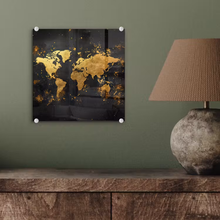 Wereldkaart - Spetters - Zwart - Artistiek plexiglas 5mm klein -sfeer3