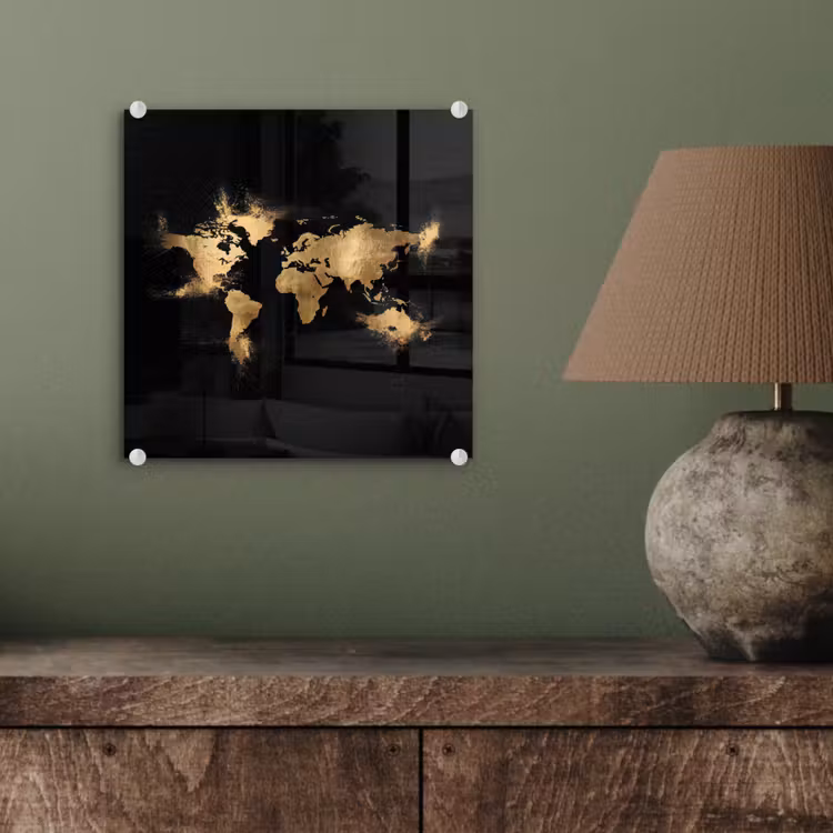 Wereldkaart - Stofexplosies - Gouddeeltjes plexiglas 5mm klein -sfeer3
