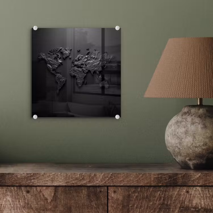 Wereldkaart - Steen - Zwart plexiglas 5mm klein -sfeer3