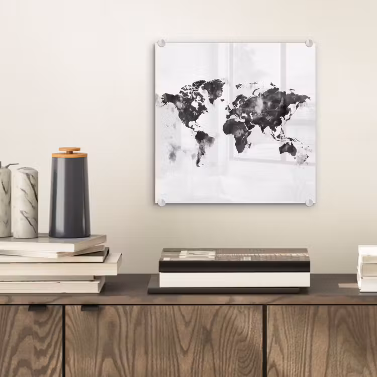 Wereldkaart - Inkt - Zwart plexiglas 5mm klein -sfeer1