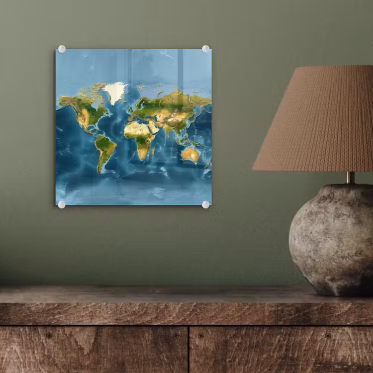 Wereldkaart - Topografisch reliëf plexiglas 5mm klein -sfeer3