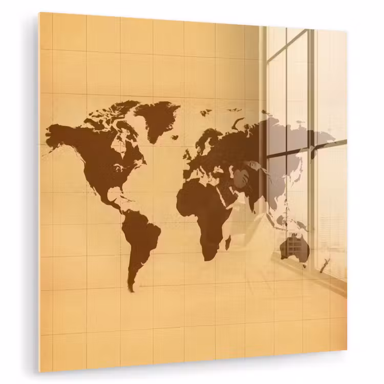 Wereldkaart - Verweerd raster - Bruin plexiglas 5mm klein -zzzproduct_nieuw