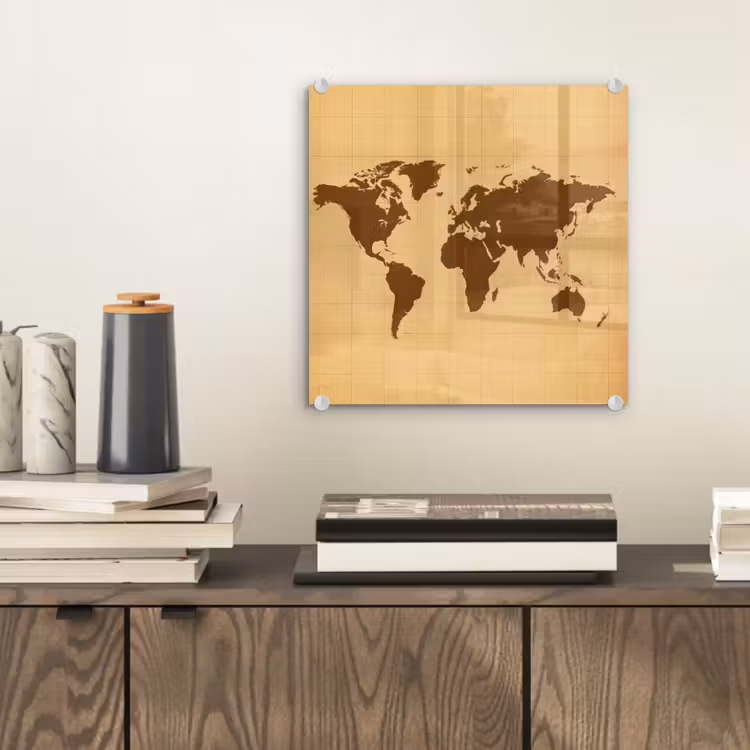 Wereldkaart - Verweerd raster - Bruin plexiglas 5mm klein -sfeer1