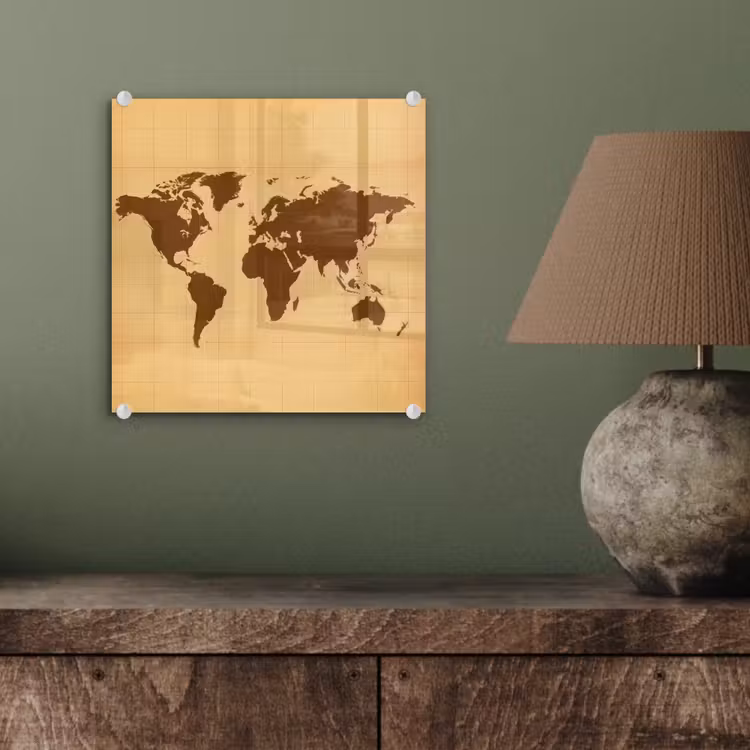 Wereldkaart - Verweerd raster - Bruin plexiglas 5mm klein -sfeer3
