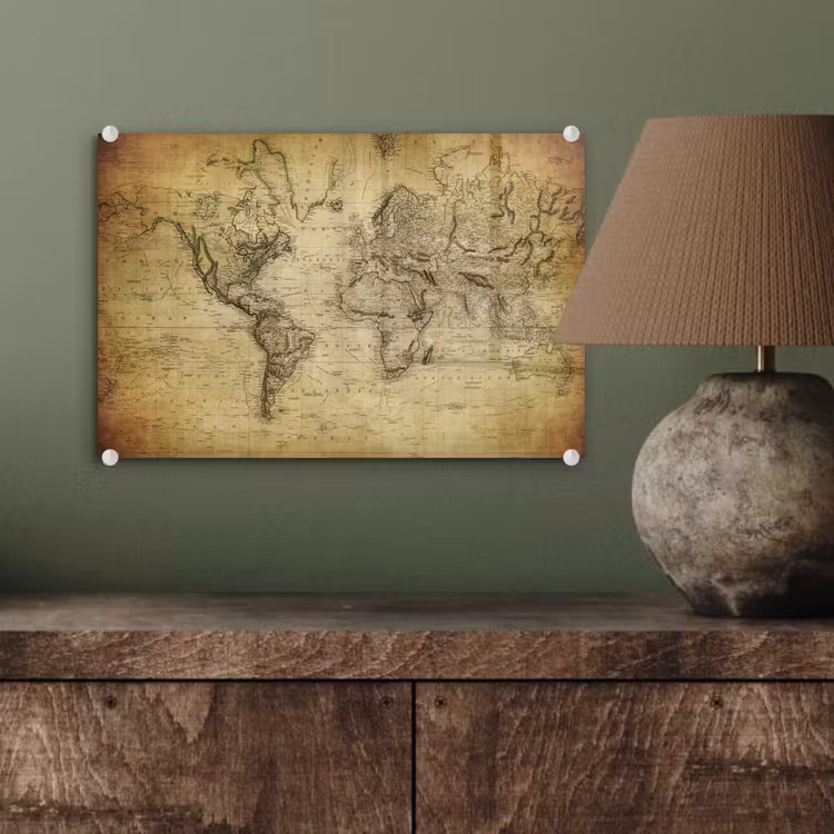 Wereldkaart - Vintage - Antiek - Bruin - Papier plexiglas 5mm klein -sfeer3