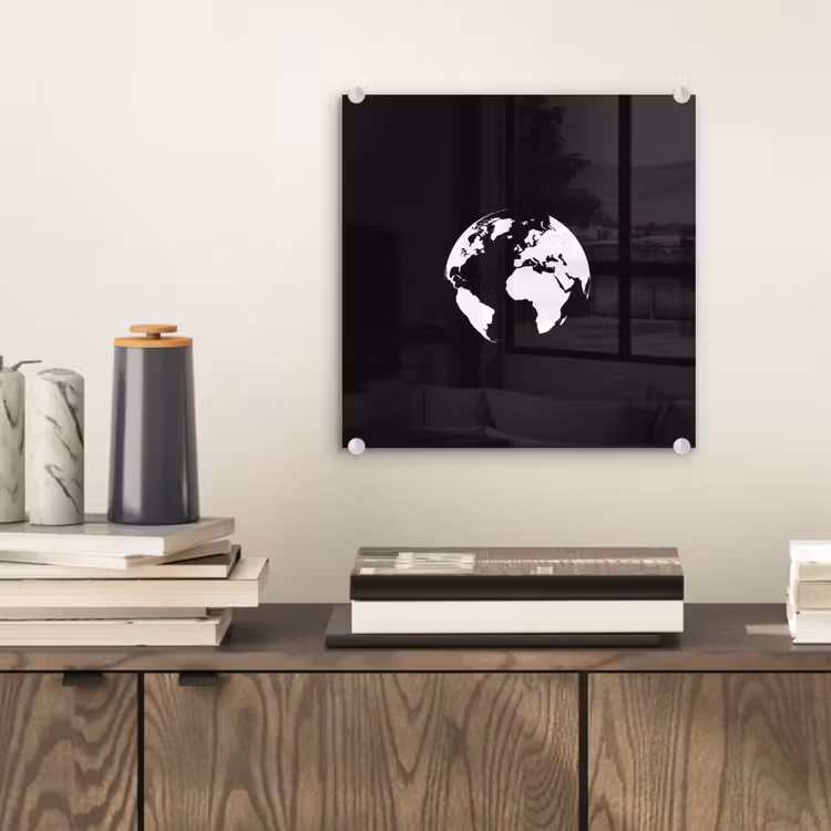 Wereldkaart - Wit - Zwart - Wereldbol plexiglas 5mm klein -sfeer1