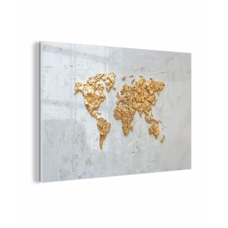 Wereldkaart - Wit beton - Bladgoud plexiglas 5mm klein -zzzproduct_nieuw