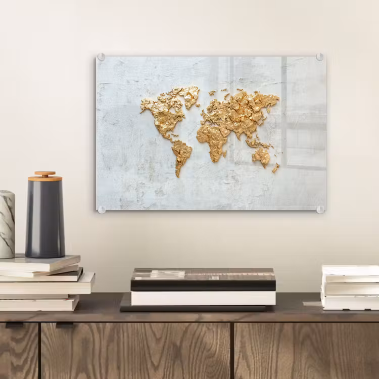 Wereldkaart - Wit beton - Bladgoud plexiglas 5mm klein -sfeer1