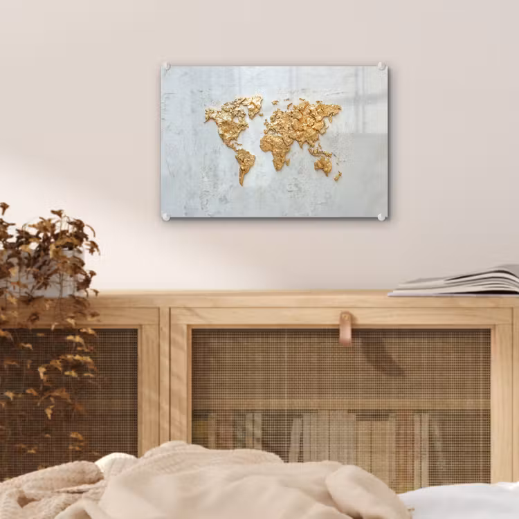 Wereldkaart - Wit beton - Bladgoud plexiglas 5mm klein -sfeer3