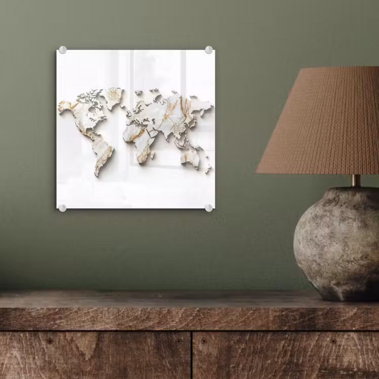 Wereldkaart - Wit Marmer - Luxueus plexiglas 5mm klein -sfeer3