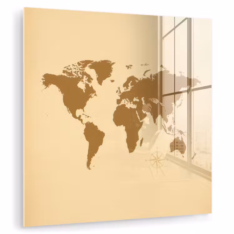 Wereldkaart -Windroos - Bruin plexiglas 5mm klein -zzzproduct_nieuw