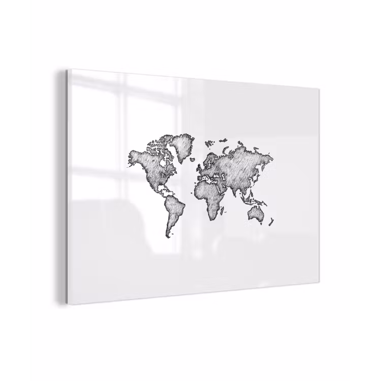 Wereldkaart - Tekening - Zwart - Wit plexiglas 5mm klein -zzzproduct_nieuw