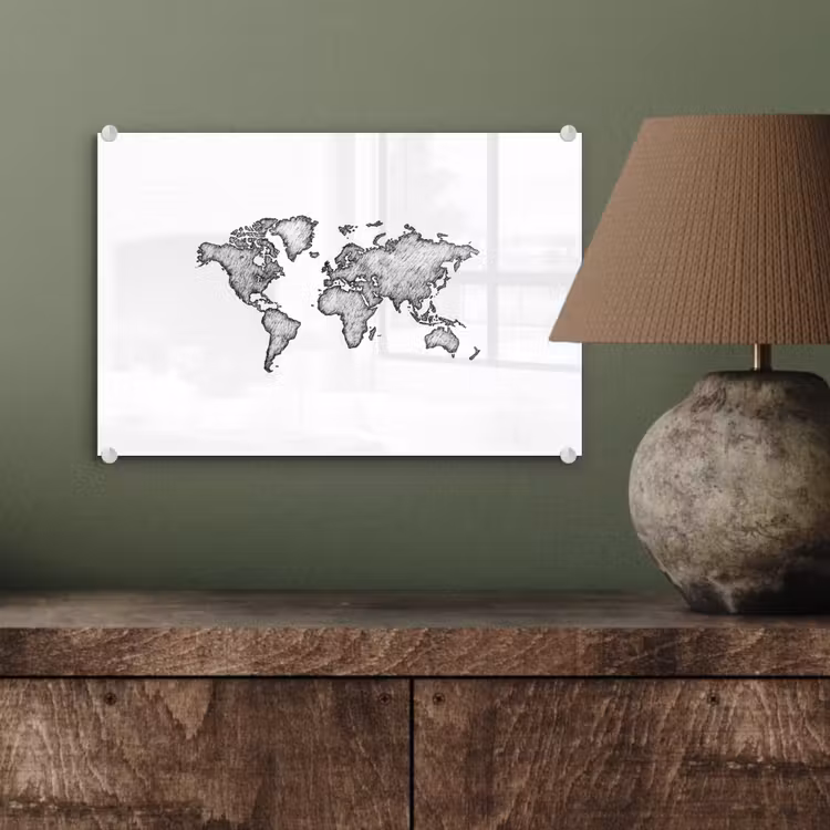 Wereldkaart - Tekening - Zwart - Wit plexiglas 5mm klein -wsfeer2_DE