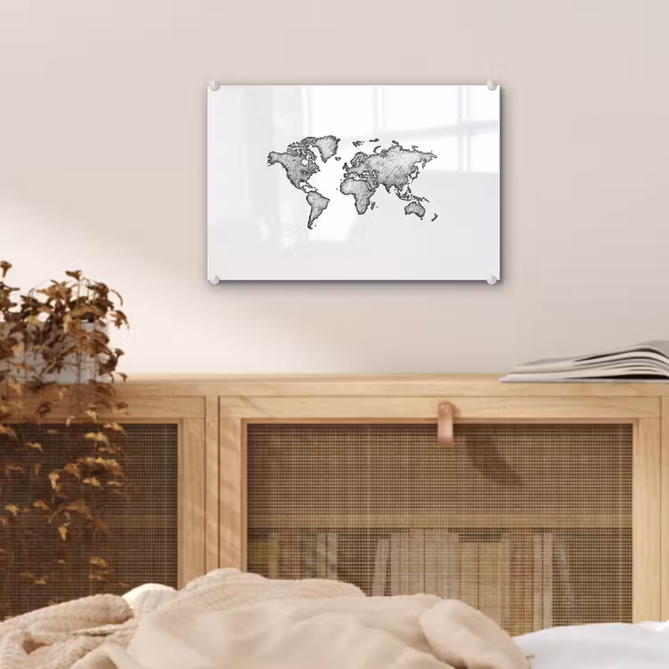 Wereldkaart - Tekening - Zwart - Wit plexiglas 5mm klein -sfeer3