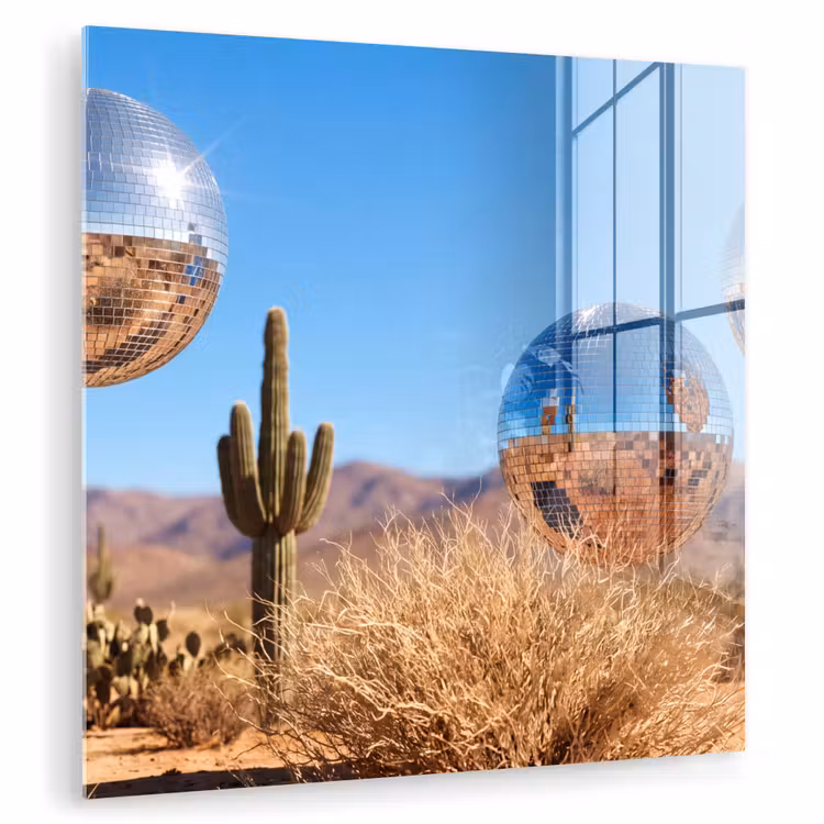 Glasbild - Wüste – Spiegelkugel – Kunst - Woestijn - Spiegelbal - Kunst plexiglas 5mm klein