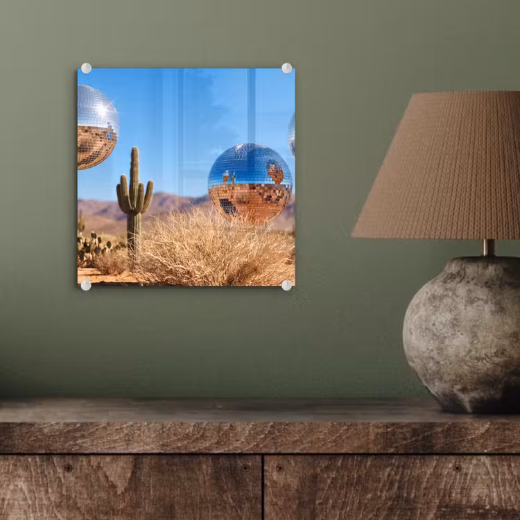 Glasbild - Wüste – Spiegelkugel – Kunst - Woestijn - Spiegelbal - Kunst plexiglas 5mm klein