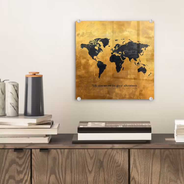 Quote - Goud - Wereldkaart - Zwart plexiglas 5mm klein -sfeer1