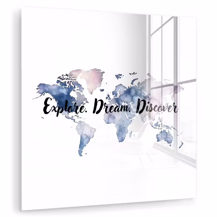 Quote - Wereldkaart - Explore - Aquarel plexiglas 5mm klein -zzzproduct_nieuw