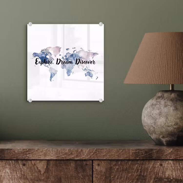 Quote - Wereldkaart - Explore - Aquarel plexiglas 5mm klein -sfeer3