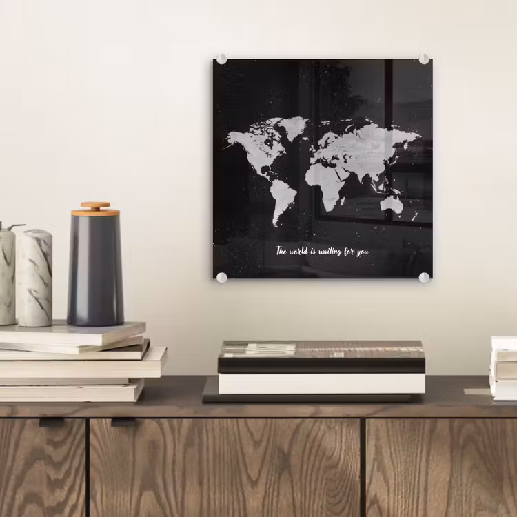 Quote - Wereldkaart - Zwart plexiglas 5mm klein -sfeer1