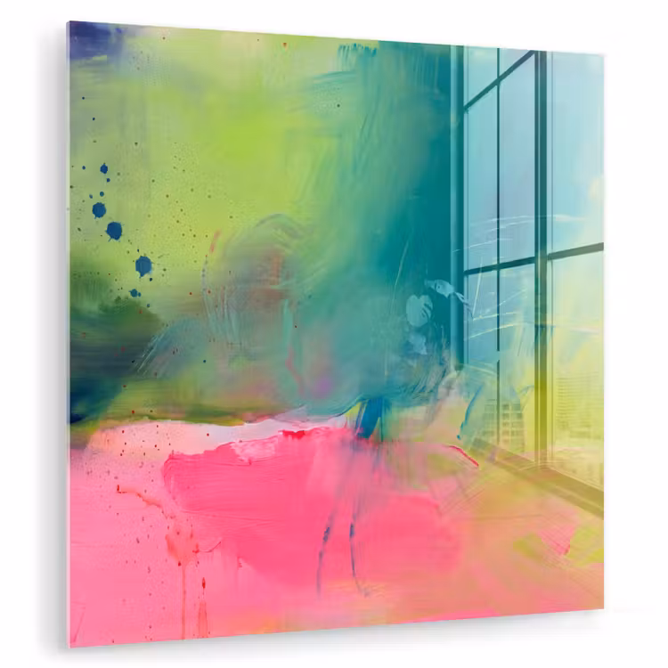 Glasbild - Zusammenfassung – Farben – Modern – Grün – Rosa - Abstract - Kleuren - Modern - Groen - Roze plexiglas 5mm klein