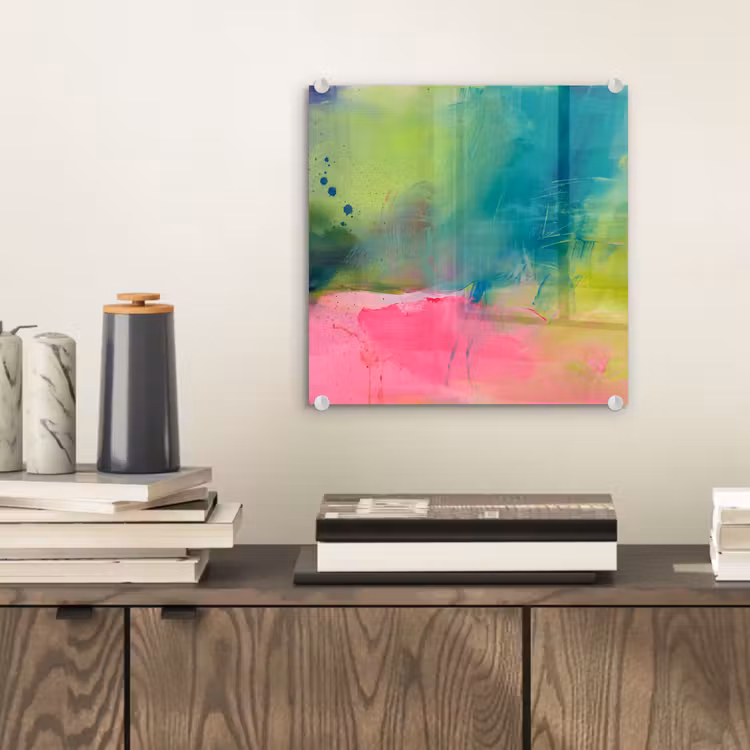 Glasbild - Zusammenfassung – Farben – Modern – Grün – Rosa - Abstract - Kleuren - Modern - Groen - Roze plexiglas 5mm klein