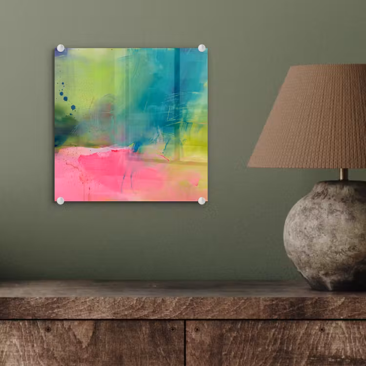 Glasbild - Zusammenfassung – Farben – Modern – Grün – Rosa - Abstract - Kleuren - Modern - Groen - Roze plexiglas 5mm klein