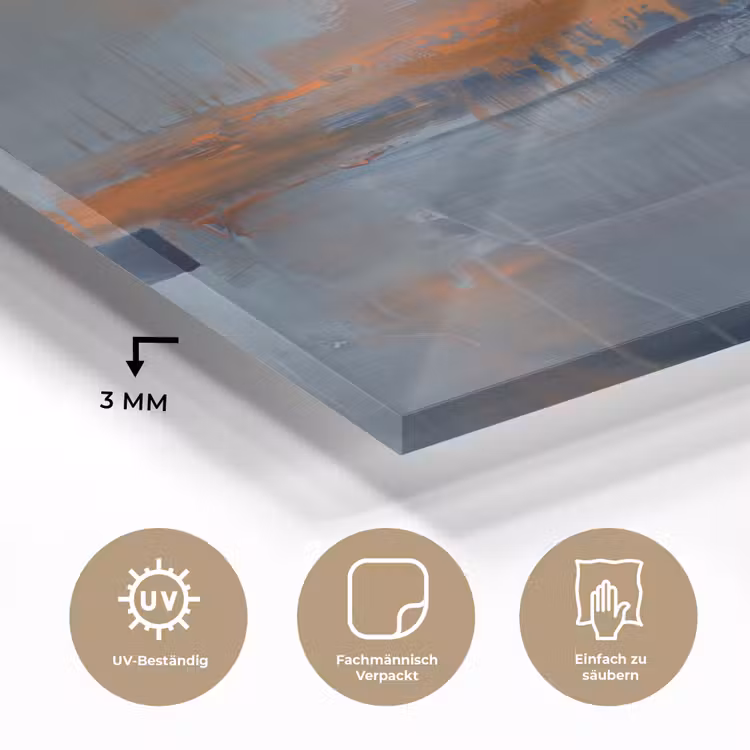 Glasbild - Zusammenfassung – Farben – Modern – Orange – Grau - Abstract - Kleuren - Modern - Oranje - Grijs plexiglas 5mm klein