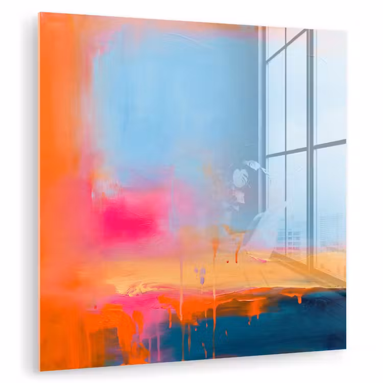 Glasbild - Zusammenfassung – Farbflächen – Modern – Orange – Blau - Abstract - Kleurvlakken - Modern - Oranje - Blauw plexiglas 5mm klein