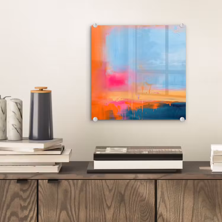 Glasbild - Zusammenfassung – Farbflächen – Modern – Orange – Blau - Abstract - Kleurvlakken - Modern - Oranje - Blauw plexiglas 5mm klein