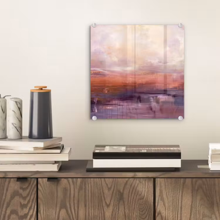 Glasbild - Zusammenfassung – Landschaft – Modern – Lila – Orange - Abstract - Landschap - Modern - Paars - Oranje plexiglas 5mm klein