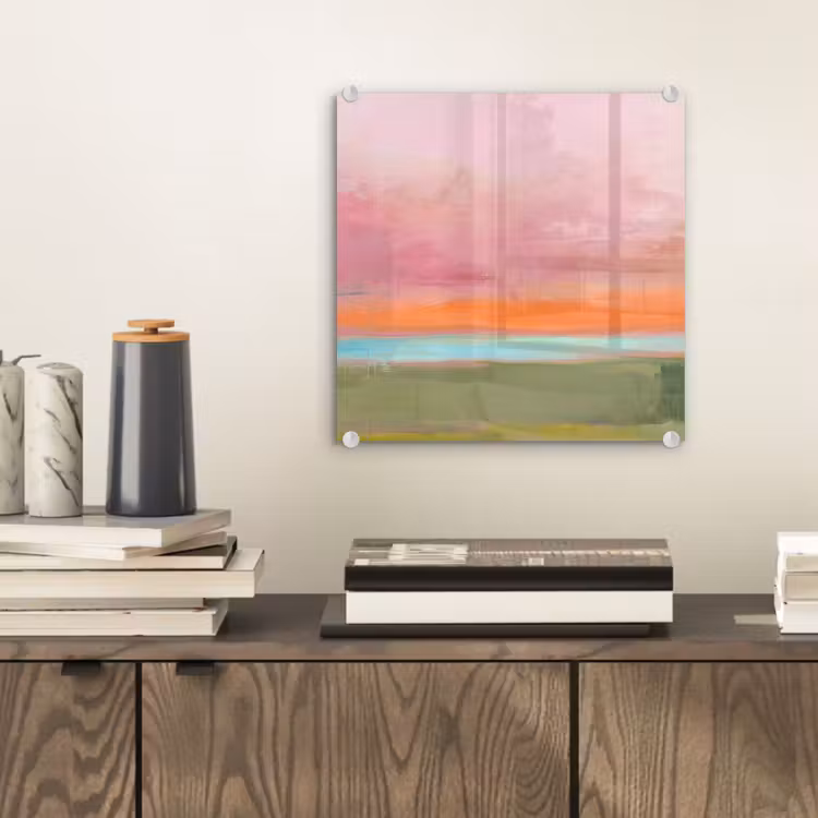 Glasbild - Zusammenfassung – Landschaft – Modern – Rosa – Orange - Abstract - Landschap - Modern - Roze - Oranje plexiglas 5mm klein
