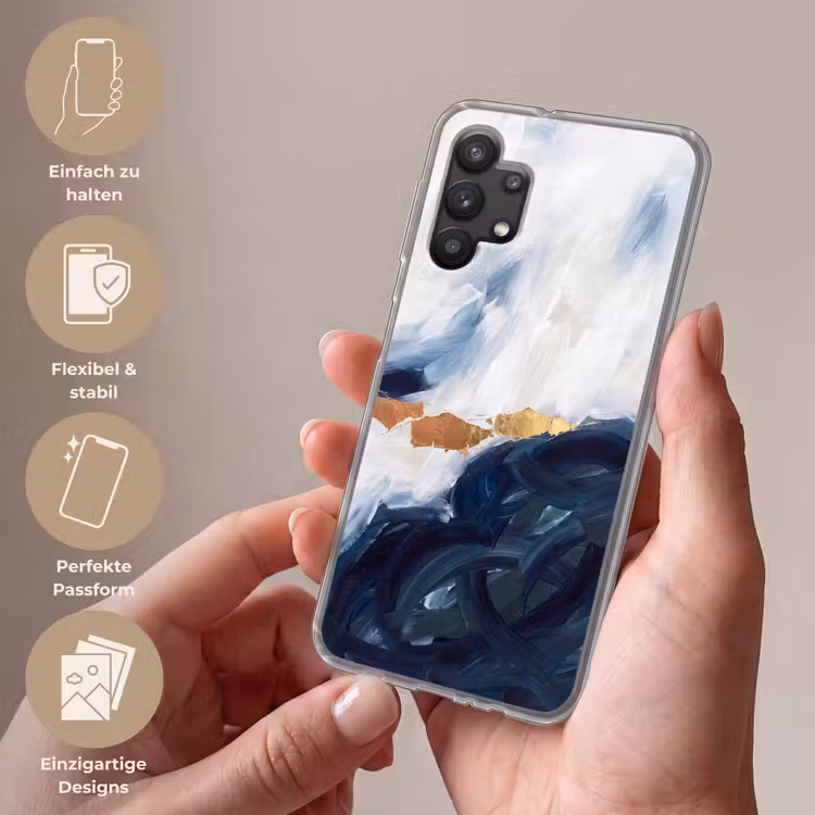 Abstract - Acryl - Blauw - Goud - Elegant Telefoonhoesje Samsung Galaxy A32 5G klein -sfeer3_DE