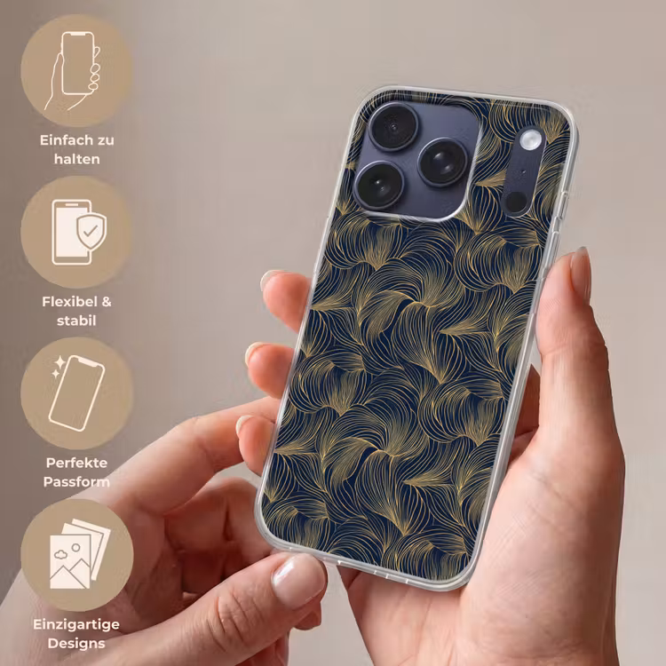 Abstract - Lijnen - Blauw - Goud Telefoonhoesje iPhone 17 Pro klein 878 -sfeer3_DE
