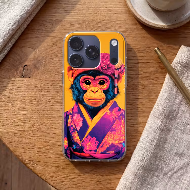 Aap - Kimono - Bloemen - Hoofdtooi Telefoonhoesje iPhone 17 Pro klein -sfeer1