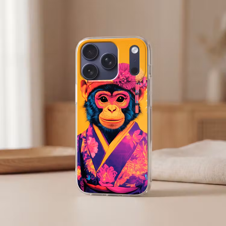 Aap - Kimono - Bloemen - Hoofdtooi Telefoonhoesje iPhone 17 Pro klein -sfeer2