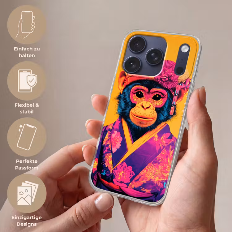 Aap - Kimono - Bloemen - Hoofdtooi Telefoonhoesje iPhone 17 Pro klein -sfeer3_DE