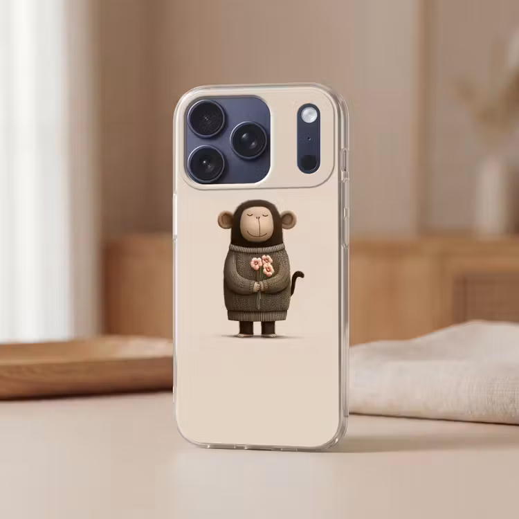 Aap - Roze bloemen - Speels Telefoonhoesje iPhone 17 Pro klein -sfeer2