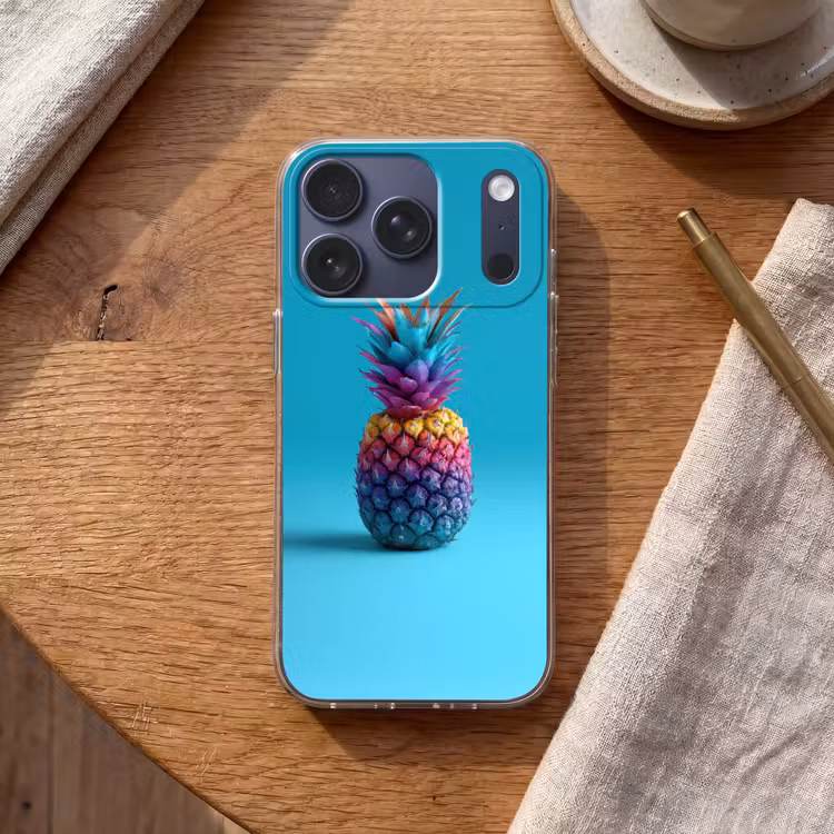 Ananas - Regenboog - Blauw - Popart Telefoonhoesje iPhone 17 Pro klein -sfeer1