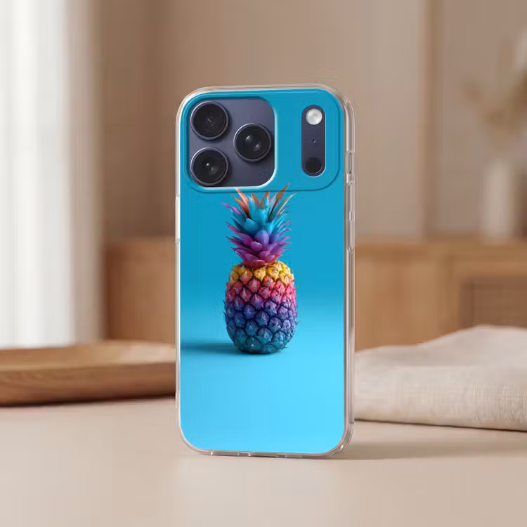 Ananas - Regenboog - Blauw - Popart Telefoonhoesje iPhone 17 Pro klein -sfeer2