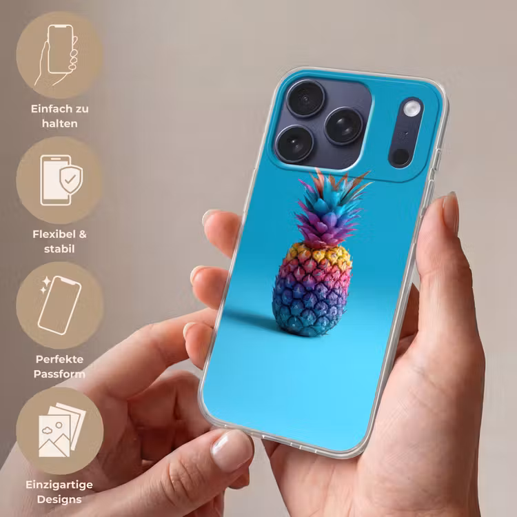 Ananas - Regenboog - Blauw - Popart Telefoonhoesje iPhone 17 Pro klein -sfeer3_DE