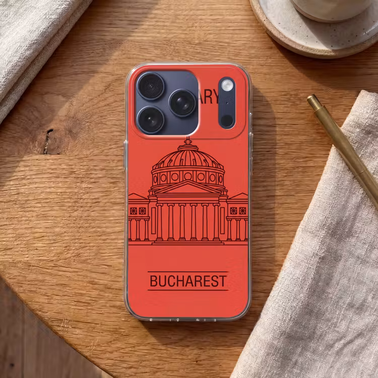 Architectuur - Boekarest - Stedelijk - Lijntekening - Rood Telefoonhoesje iPhone 17 Pro klein -sfeer1