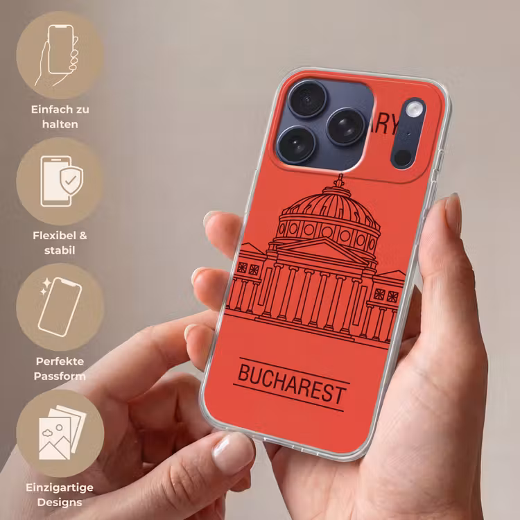 Architectuur - Boekarest - Stedelijk - Lijntekening - Rood Telefoonhoesje iPhone 17 Pro klein -sfeer3_DE