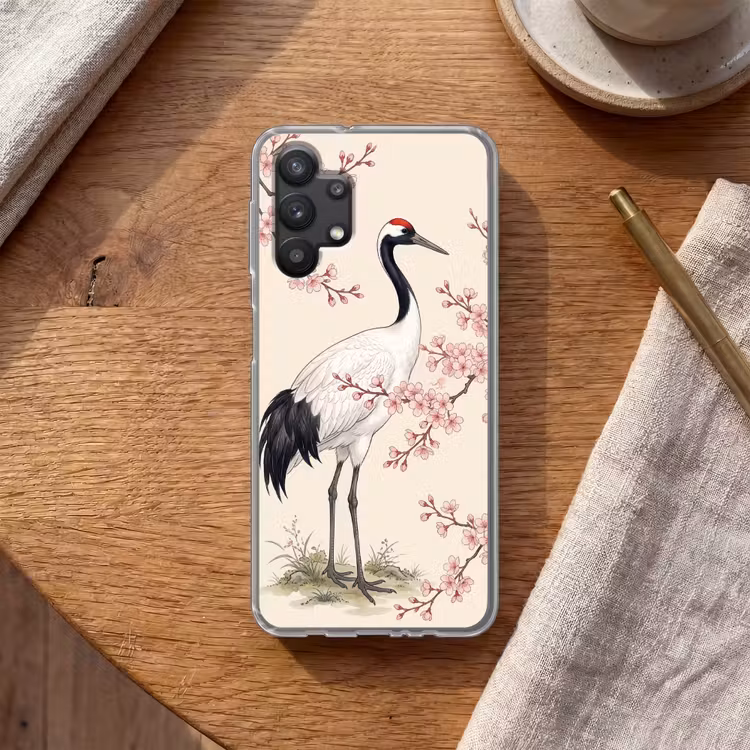 Aziatisch - Kraanvogel - Beige Telefoonhoesje Samsung Galaxy A32 5G klein -sfeer1